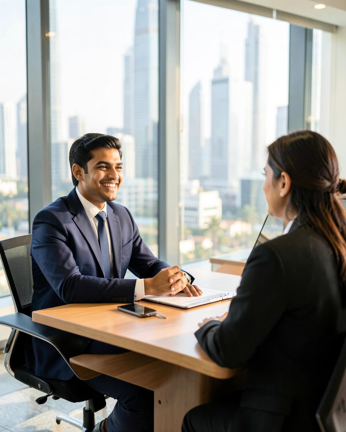 Candidate smiling during a job interview in a Dubai office