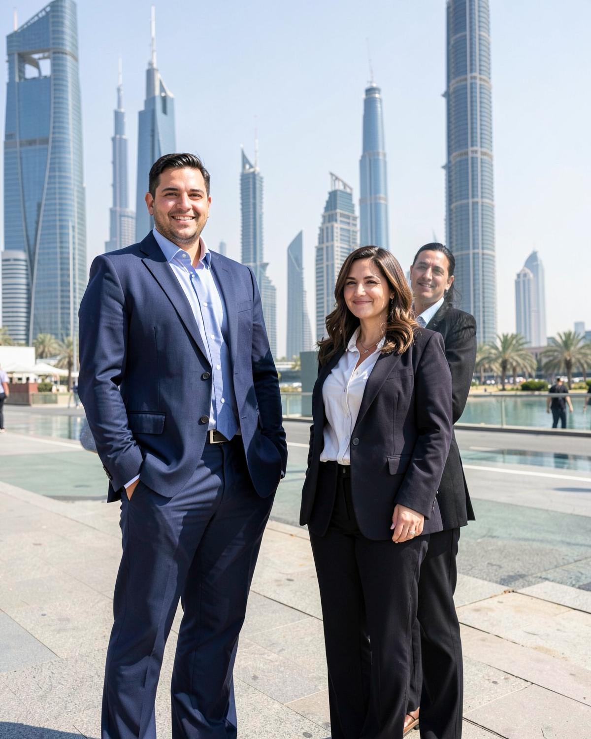 Professionals in business attire in Dubai with the city skyline behind them